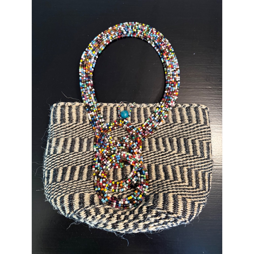 Handmade Sisal Basket Bag Beaded Handle Black Natural Woven Boho Tote Small